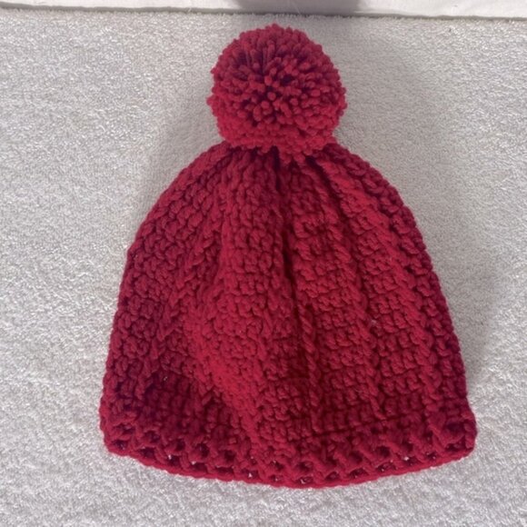 5/$25 Handmade Red Knit Crochet Toque Beanie With Pom Pom - Picture 2 of 8